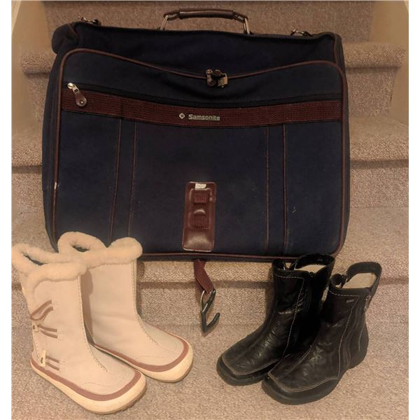 Samsonite Garment Bag w/ 2 Pairs of Ladies Size 5 Leather Boots (Merrell and Rieker)
