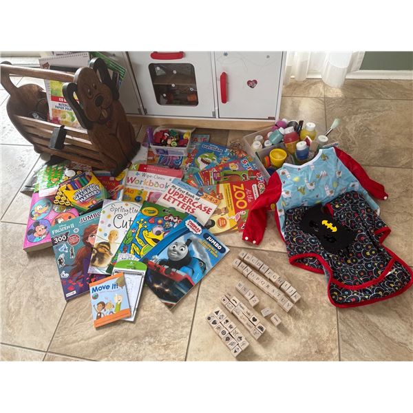 Childrens Activity Lot with Books, Stamps, Art Supplies, and Wooden Organizer