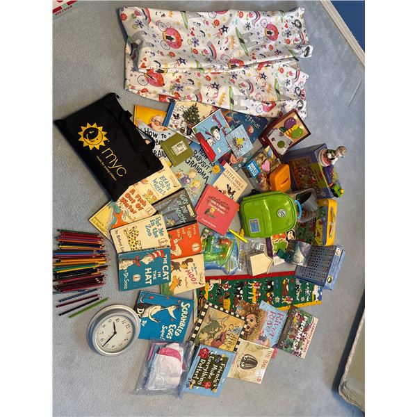 Large Mixed Lot: Childrens Books, Art Supplies, Toys, and Curtains