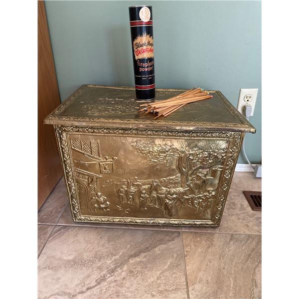 Embossed Metal Firewood Storage Chest With Scenic Design