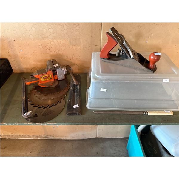 Workshop Tools Including Hand Plane, Vice, and Saw Blades