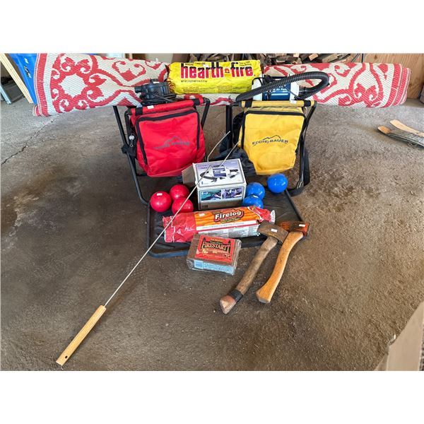 Outdoor Recreation Lot with Chairs, Bocce Set, Axes, Fire Starters, and Air Pumps