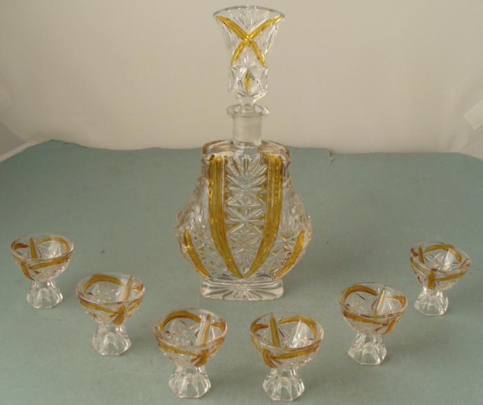 Vintage Cordial Set 6 Glasses, Decanter Yellow Amber