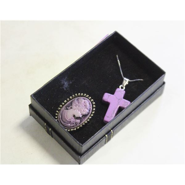 PURPLE GEMSTONE CROSS NECK. & CAMEO
