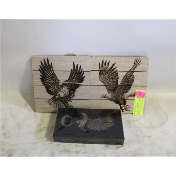 BRASS EAGLE BOTTLE OPENER & 2 WOODBURNT EAGLE