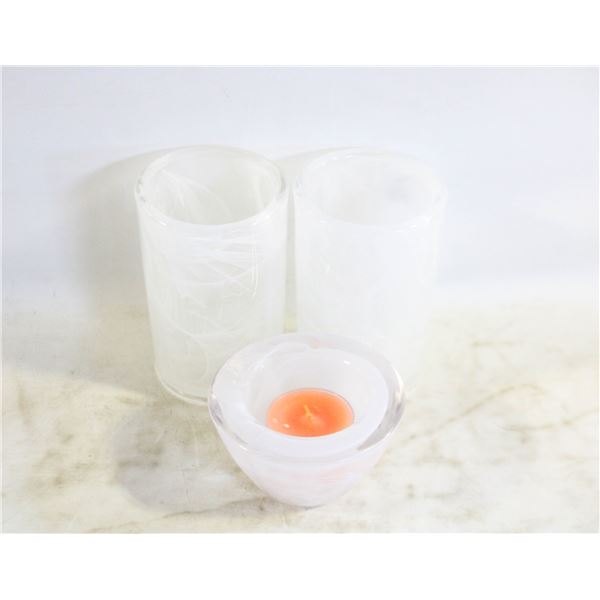 3 PARTYLITE WHITE SWIRL SMOKED TEALIGHT