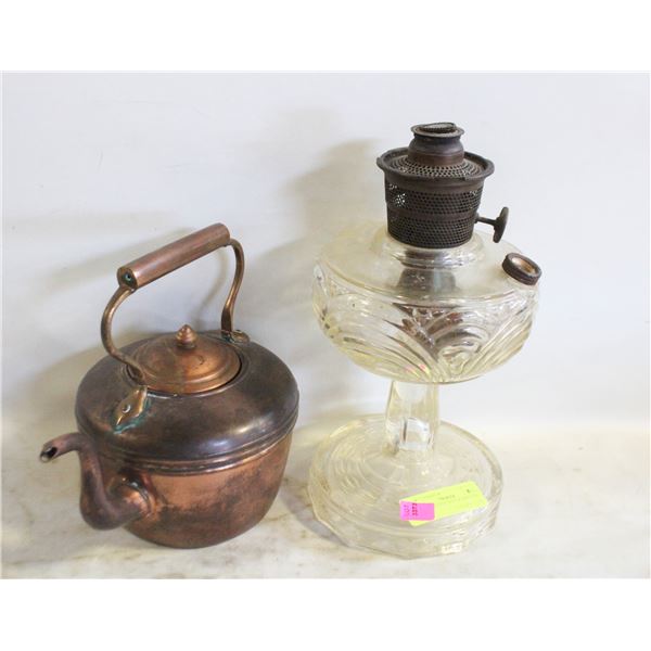 COPPER KETTLE AND HURRICANE LAMP