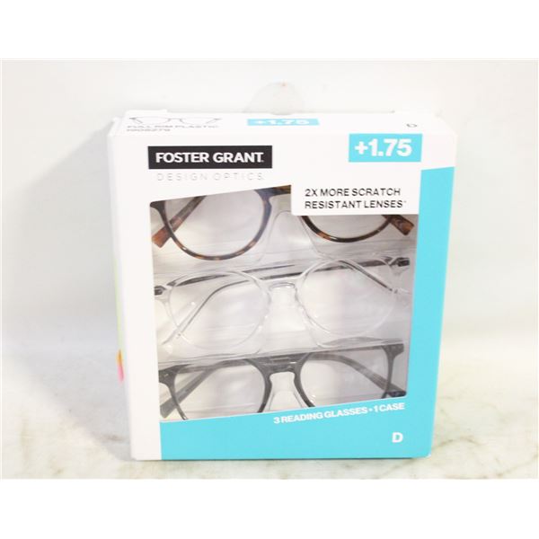 FOSTER GRANT 3 READING GLASSES, 1 CASE, +1.75 LADI
