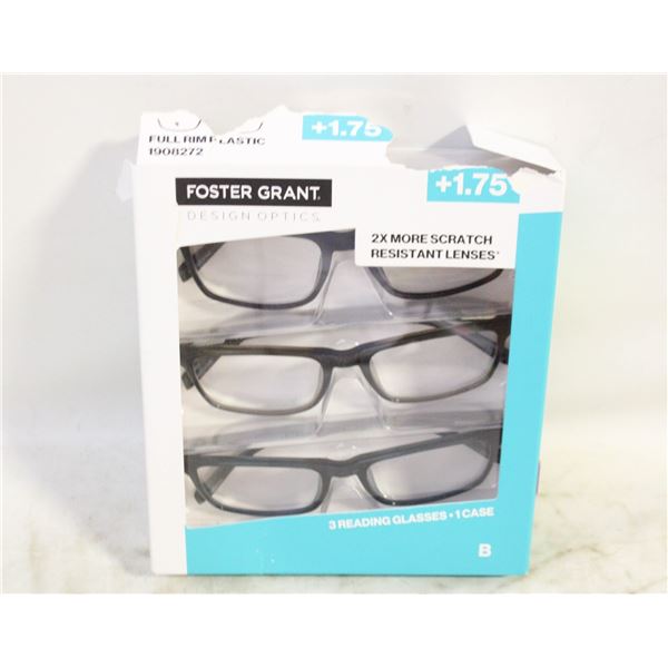 FOSTER GRANT 3 READING GLASSES, 1 CASE, +1.75
