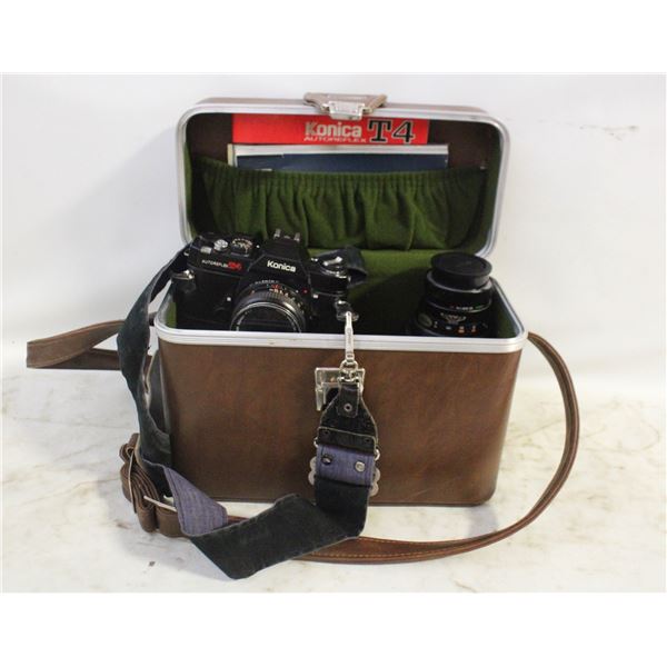 KONICA AUTOREFLEX T4 CAMERA, LENSES AND CASE