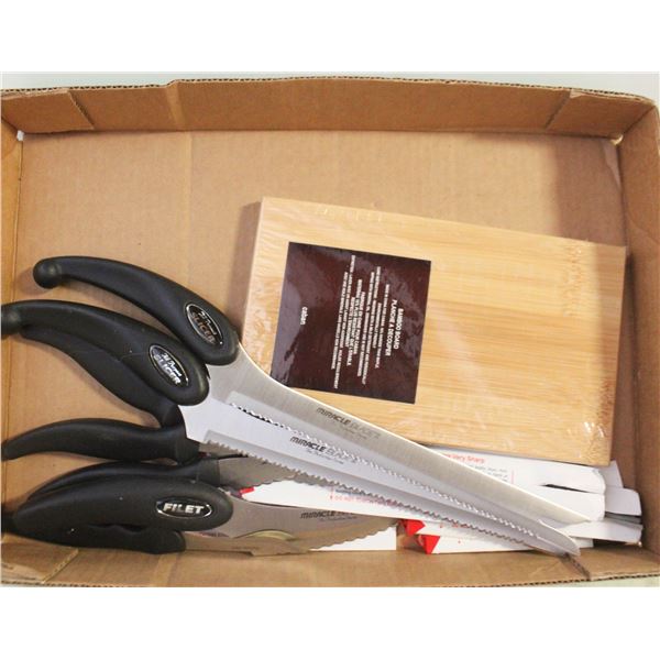 7 NEW KNIVES & BAMBOO BOARD