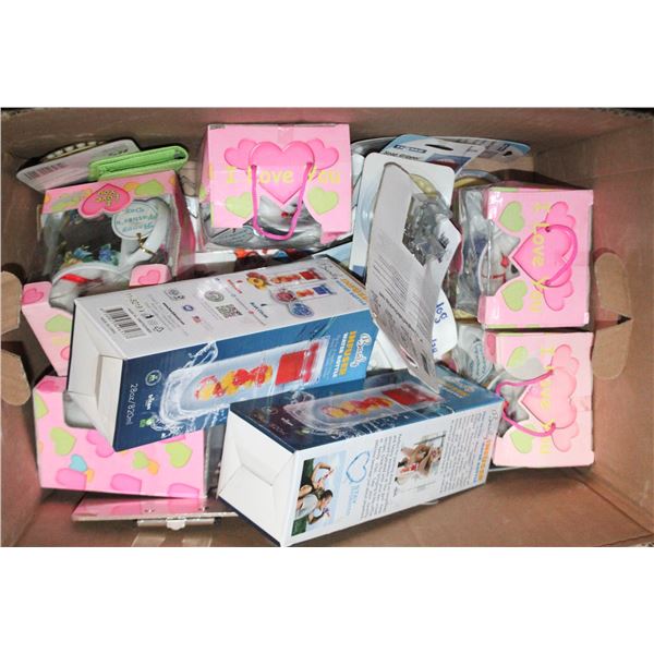 BOX OF VARIOUS UNUSED ITEMS, TUMBLERS, MUGS ETC