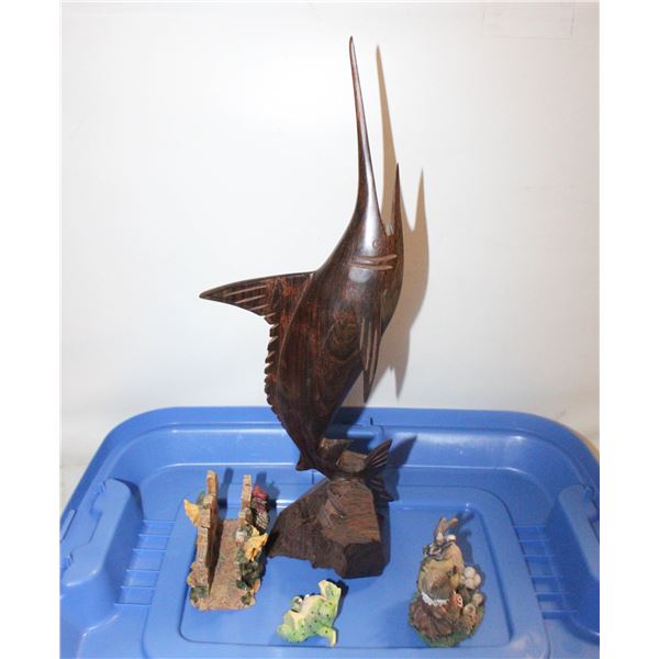 WOODEN CARVED SWORD FISH MANTEL DECOR + 3 CERAMIC