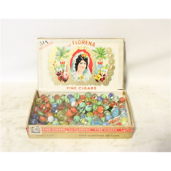 1960 CIGAR BOX WITH VINTAGE MARBLES