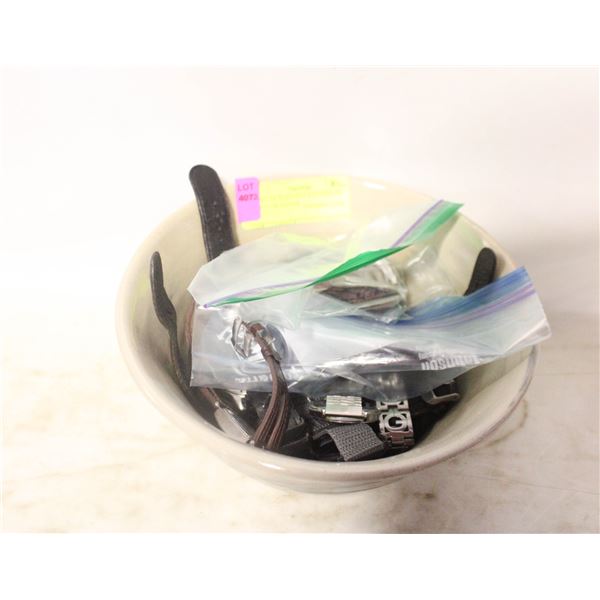 BOWL OF WATCHES AND BAG OF PARTS OR REPAIR