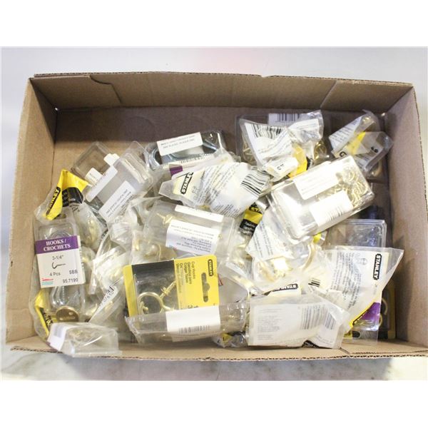 LARGE FLAT OF NEW BRASS SCREW HOOKS