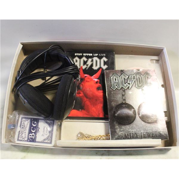 PRO EARPHONES, 2 DECKS PLAYING CARDS, 2 ACDC DVDS,