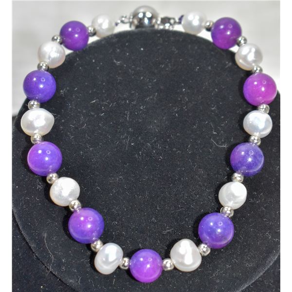 #328-FRESH WATER PEARL & SUGILITE BRACELET 7.5"