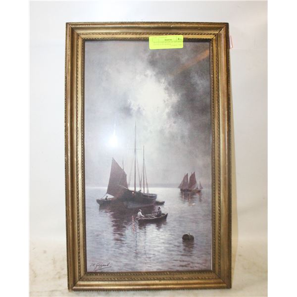 JW GOZZARD BOATS AT ANCHOR IN MOONLIGHT SIGNED