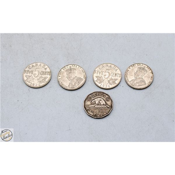 5 MOSTLY 1930S CANADA NICKELS