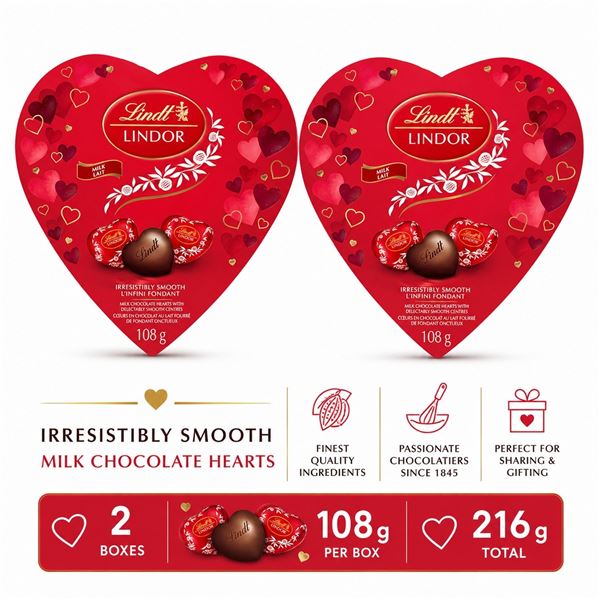 2 LINDT LINDOR MILK CHOCOLATE HEARTS 108G BB
