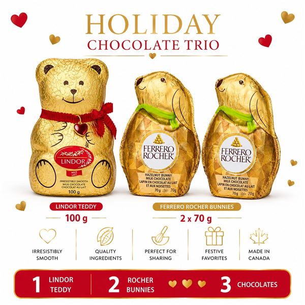 LINDOR TEDDY & 2 ROCHER BUNNIES 240G BB 06/26