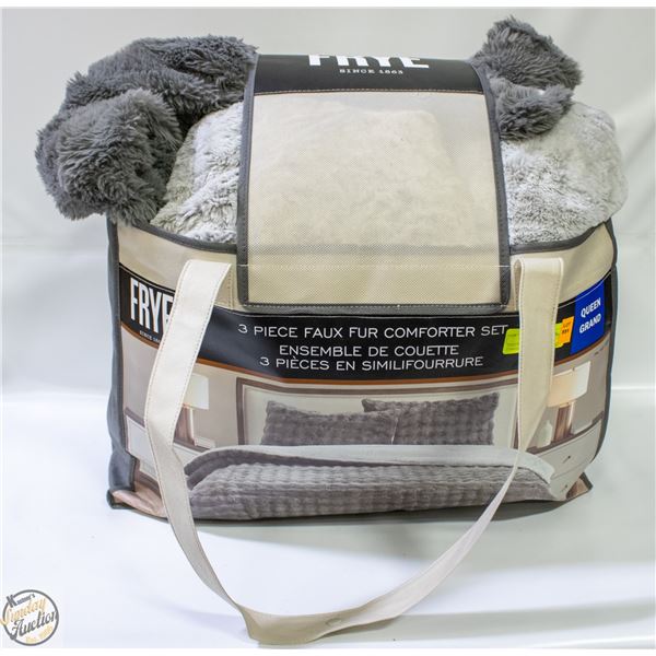 3 PIECE FRYE FAUX FUR COMFORTER SET GREY QUEEN SZ