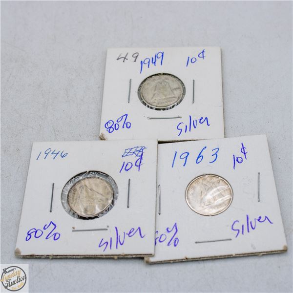 3 SILVER CANADIAN DIMES 1949 1946 1963