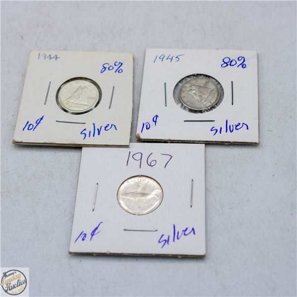 3 SILVER CANADIAN DIMES 1944 1945 1967