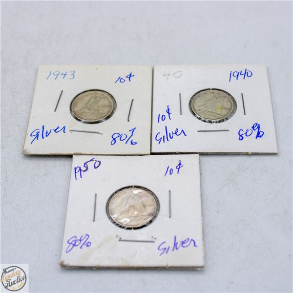 3 SILVER CANADIAN DIMES 1943,1940 1950
