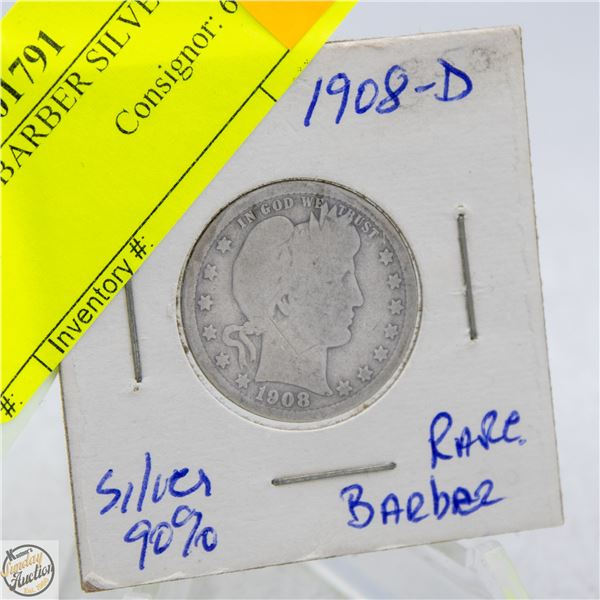 DATE 1908-D BARBER SILVER QUARTER