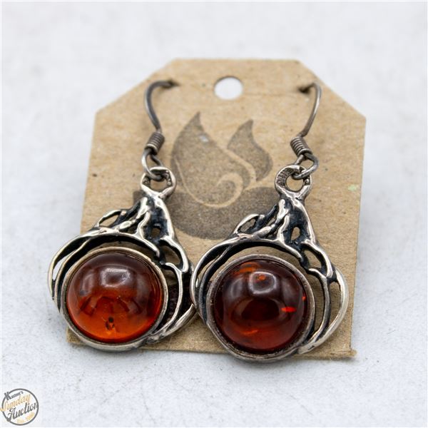 SILVER PLATED EARRINGS W/ AMBER