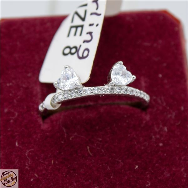 925 SILVER RING W/ TWO HEART SHAPE CRYSTALS SIZE 8