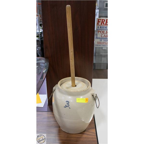 ANTIQUE 3 GALLON BUTTER CHURN W/LID + WOOD HANDLE