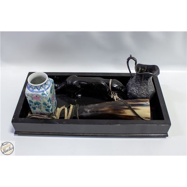 WOODEN TRAY WITH VINTAGE COLLECTABLES
