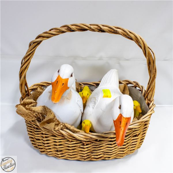 BASKET OF VINTAGE GEESE + 3 GOOSLINGS PLASTIC
