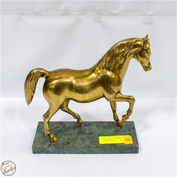 HEAVY BRASS HORSE H-9" WITH STONE BASE 4" X 9"