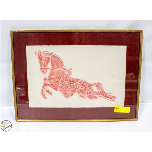 FRAMED THAI TEMPLE RUBBING OF HORSE 15.25" X 21"