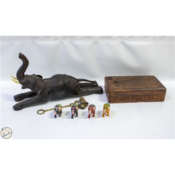 LEATHER WRAPPED ELEPHANT + 4 MINIATURE