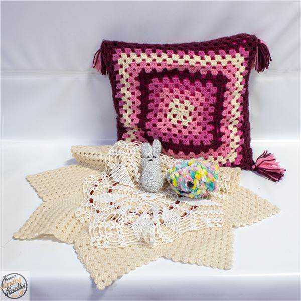 ESTATE CROCHETED PILLOW, DOILIES, FROG,
