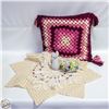 Image 1 : ESTATE CROCHETED PILLOW, DOILIES, FROG,