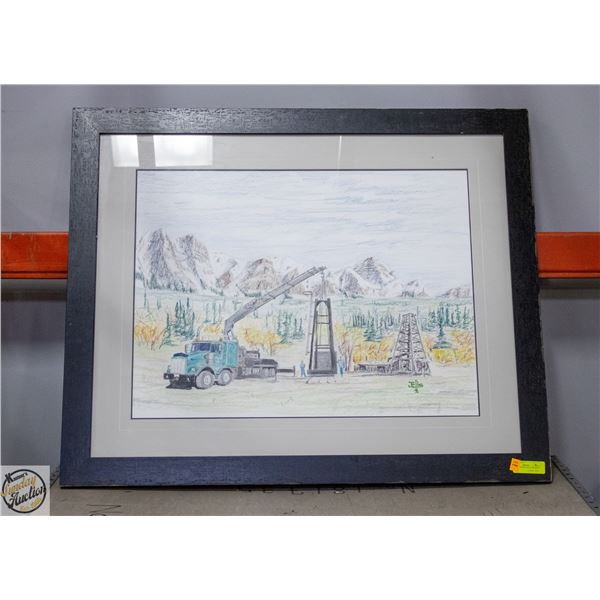 LG HAND DRAWN OIL RIG FRAMED 33X39.75"