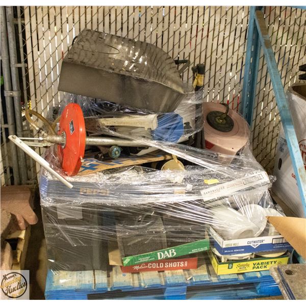 PALLET WITH AQUARIUM, 5 TON JACK, VENT FAN & MORE