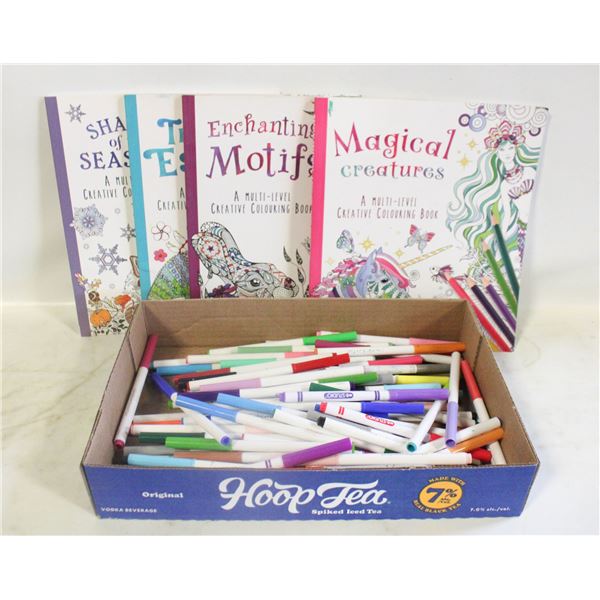 FLAT OF COLORING MARKERS PLUS BOOKS