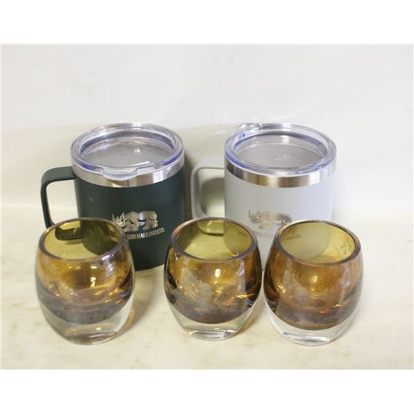 2 NEW STEEL MUGS PLUS 3 FANCY DRINK GLASSES