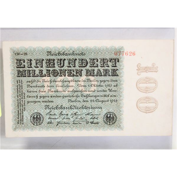 VINTAGE GERMAN 100 MILLION MARK BANKNOTE