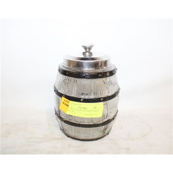 VINTAGE PRESSED GLASS BARREL WITH LID