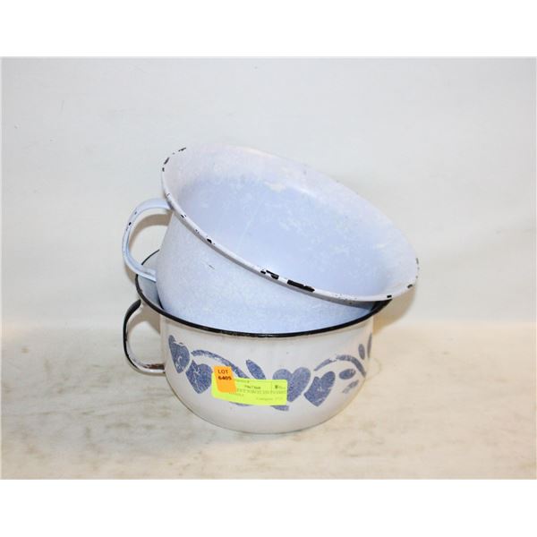 PAIR ANTIQUE PORCELAIN ENAMEL POT+HANDLE