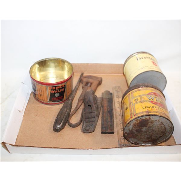 LOT ANTIQUE TOOLS AND TOBACCO TINS