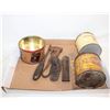 Image 1 : LOT ANTIQUE TOOLS AND TOBACCO TINS